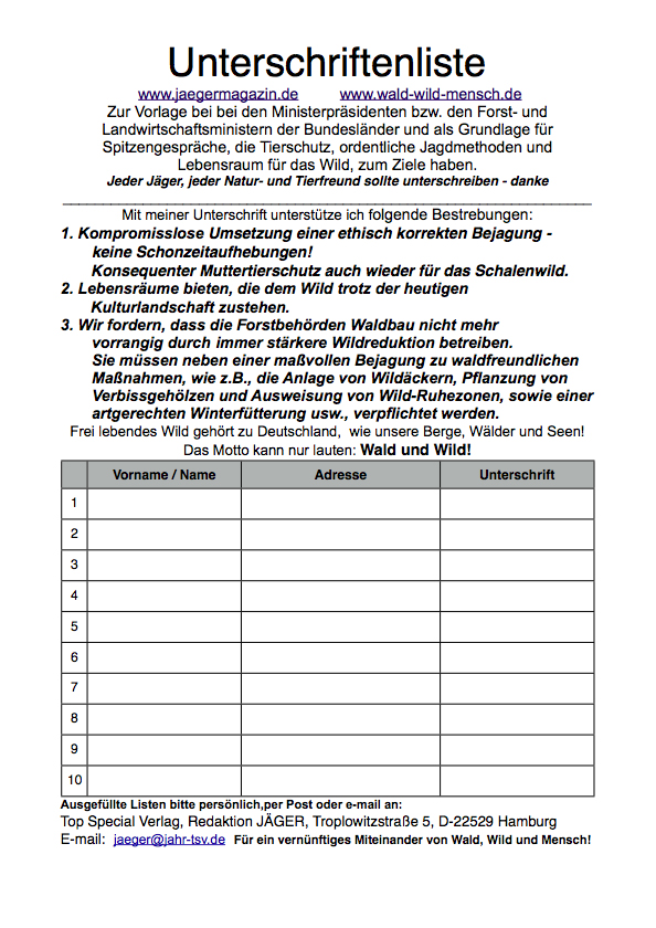 Unterschriftenliste Zur Ethisch Korrekten Bejagung Jager Unterschriftenliste Zur Ethisch Korrekten Bejagung Jager