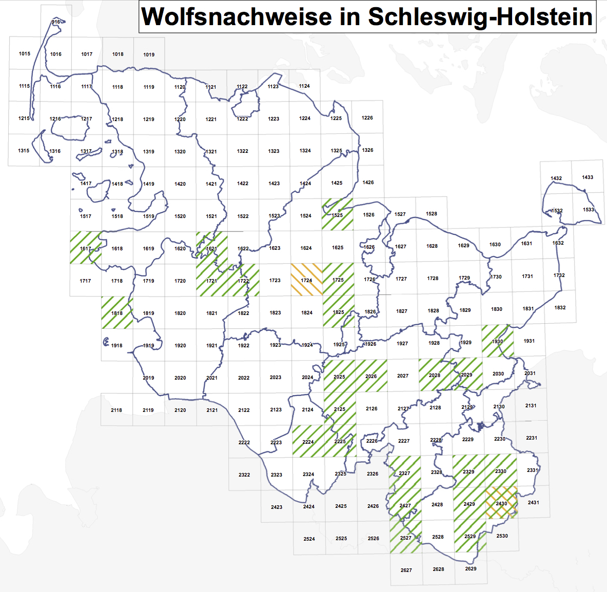 Wolfssichtungen und Wolfsnachweise seit April 2015 in Schleswig-Holstein. Stand 02.08.2016 ©LLUR