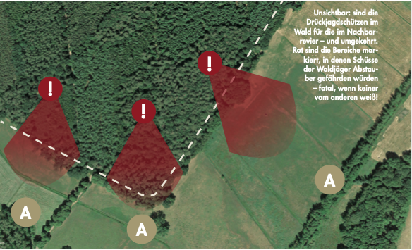 Satellitenbild von einem Schlag im Wald mit der grafische Darstellung von Jägern und Abstaubern.