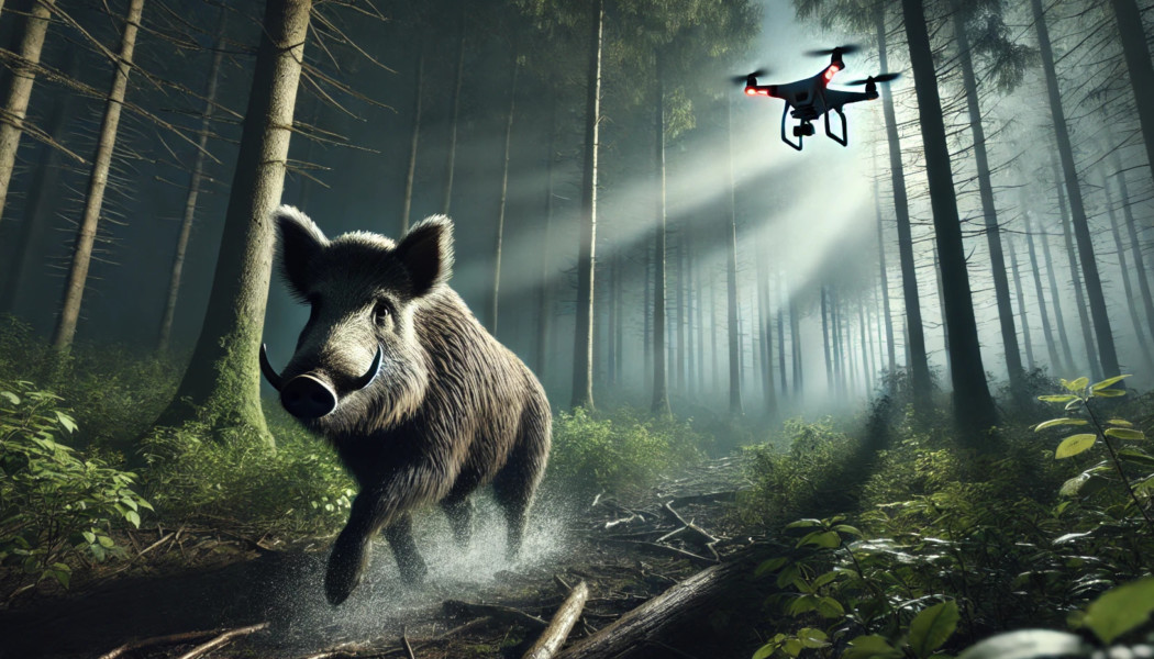 DALL·E 2024-11-05 15.51.09 – A realistic depiction of a wild boar (Sus scrofa) running through a dense forest at night with a drone flying overhead. The drone’s spotlight shines d-min